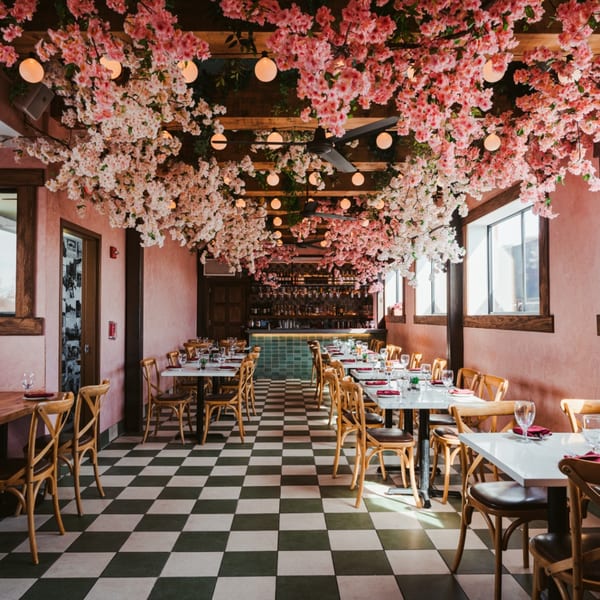 A restaurant dining room with pink walls, checkered floor, and a ceiling covered in pink cherry blossoms.