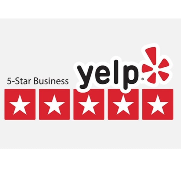 Yelp 5-Star Business logo with five red squares each containing a white star.
