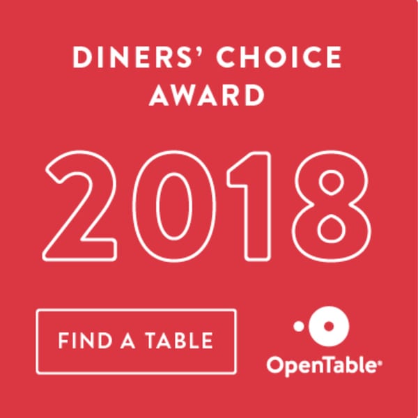 Red graphic with "DINERS' CHOICE AWARD 2018" and "FIND A TABLE" button, with OpenTable logo.