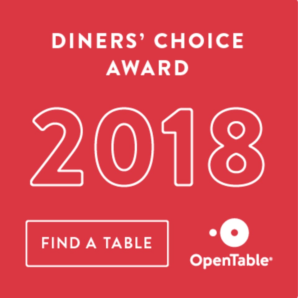 Red graphic with "DINERS' CHOICE AWARD 2018" and "FIND A TABLE" button, with OpenTable logo.