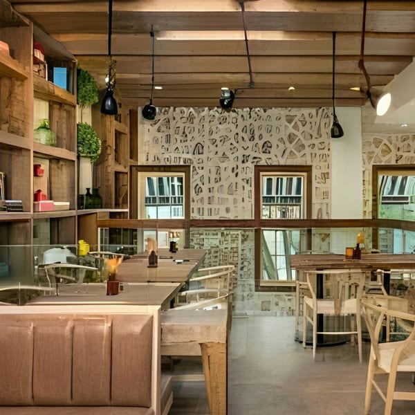 Rustic restaurant interior with wooden beams, patterned walls, booth seating, and light-colored chairs.