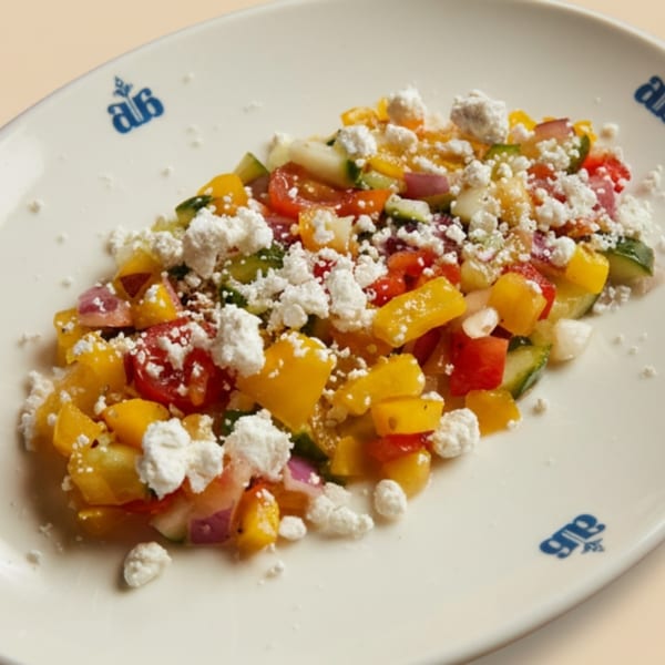 Close-up of a colorful European salad with diced vegetables and crumbled white cheese on a white plate.