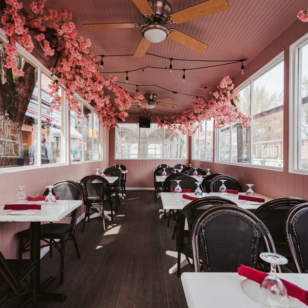 Restaurant dining room with pink walls, dark tables and chairs, and pink cherry blossom decorations on the ceiling.