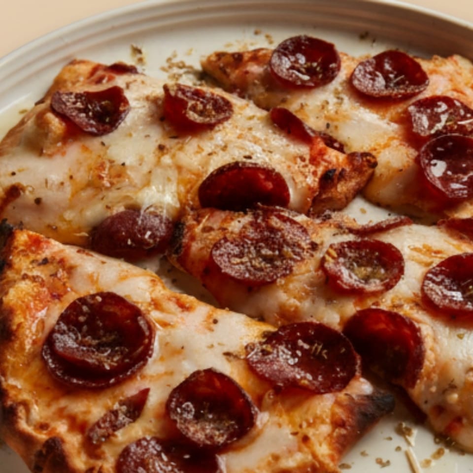 Close-up of several slices of pepperoni pizza on a white plate, topped with herbs.