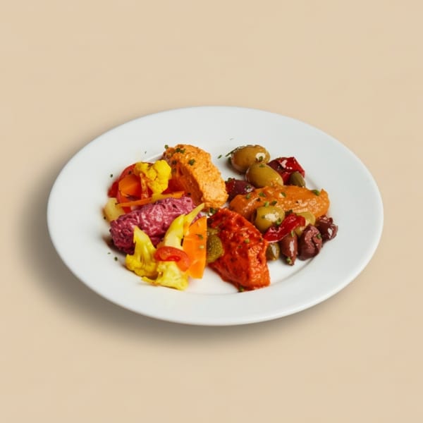 A white plate holds various colorful European appetizers, including dips, olives, and pickled vegetables.