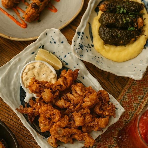 Plates of fried calamari with sauce and lemon, and dark stuffed cabbage rolls on polenta.