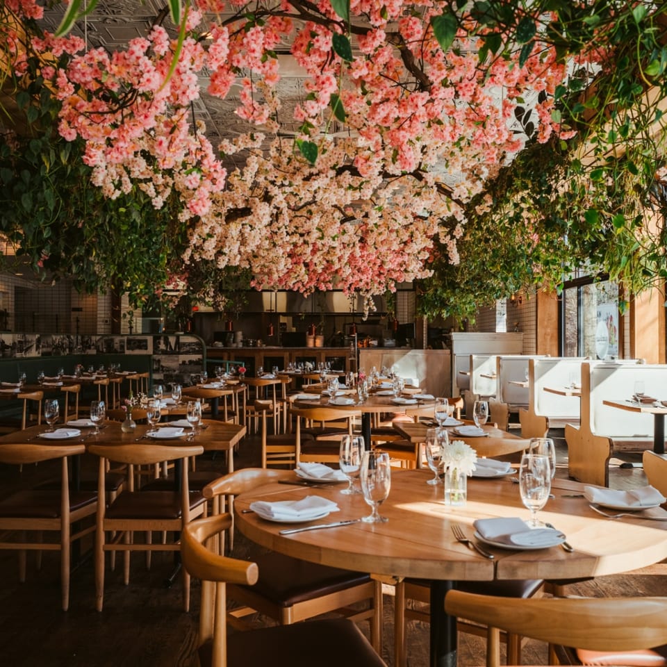 Restaurant dining room with wooden tables and chairs, adorned with pink and white cherry blossoms overhead.