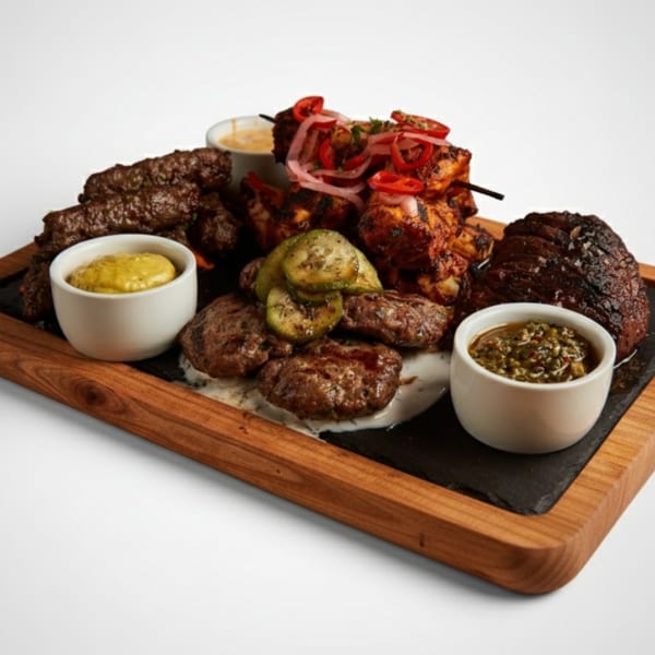 A large platter of grilled meats, including kebabs, burgers, and steak, with dipping sauces.
