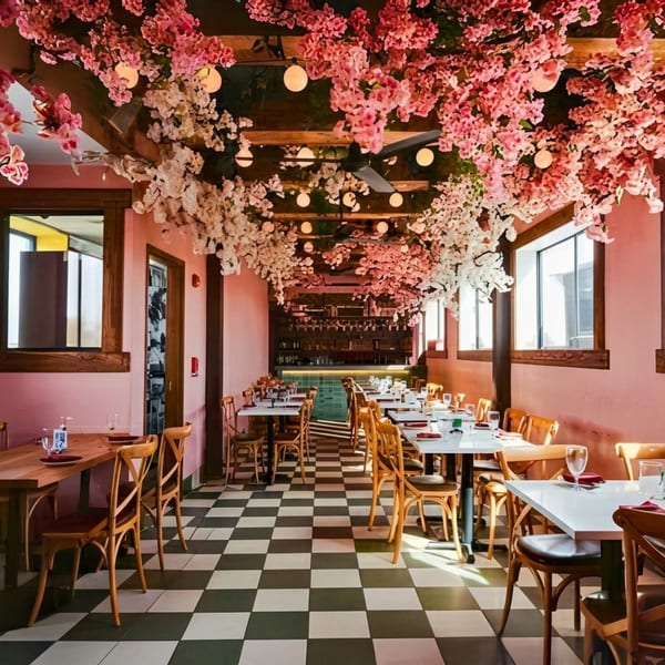 A restaurant dining room with pink walls, checkered floor, and a ceiling covered in pink and white cherry blossoms.