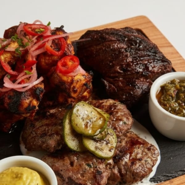 Grilled meat platter with chicken skewers, steak, meatballs, pickled vegetables, and dipping sauces.