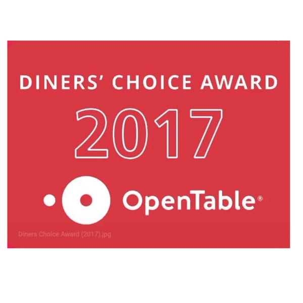 Red graphic with white text: Diners' Choice Award 2017 OpenTable logo.