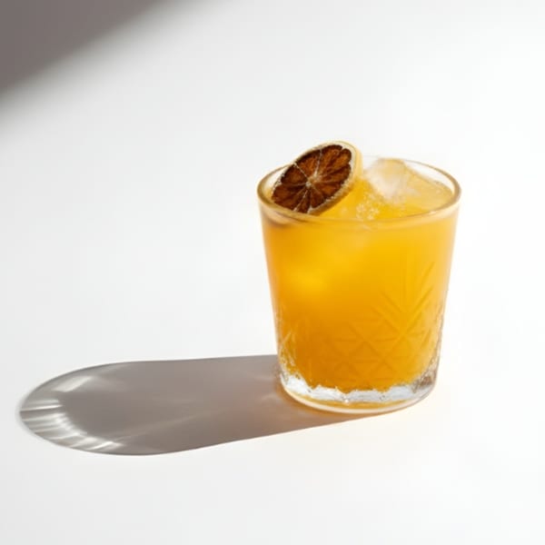An orange cocktail with ice and a dried orange slice, casting a long shadow on a white surface.