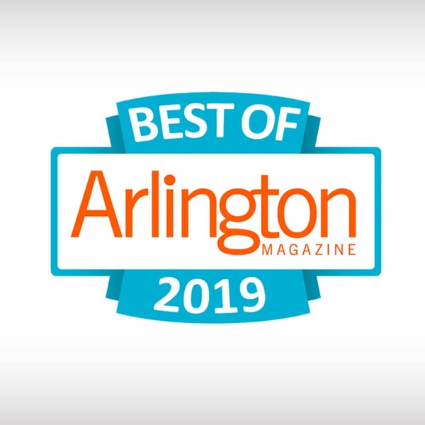 A blue and orange badge reads "BEST OF Arlington MAGAZINE 2019".