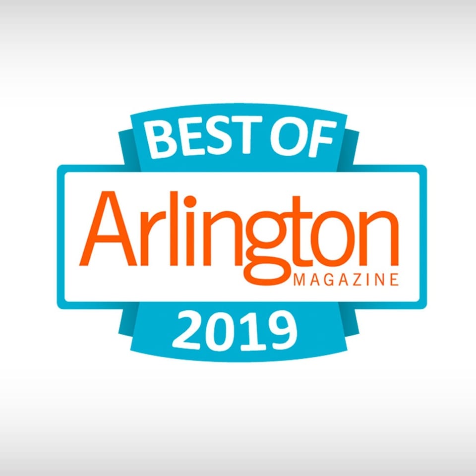 A blue and orange badge reads "BEST OF Arlington MAGAZINE 2019".